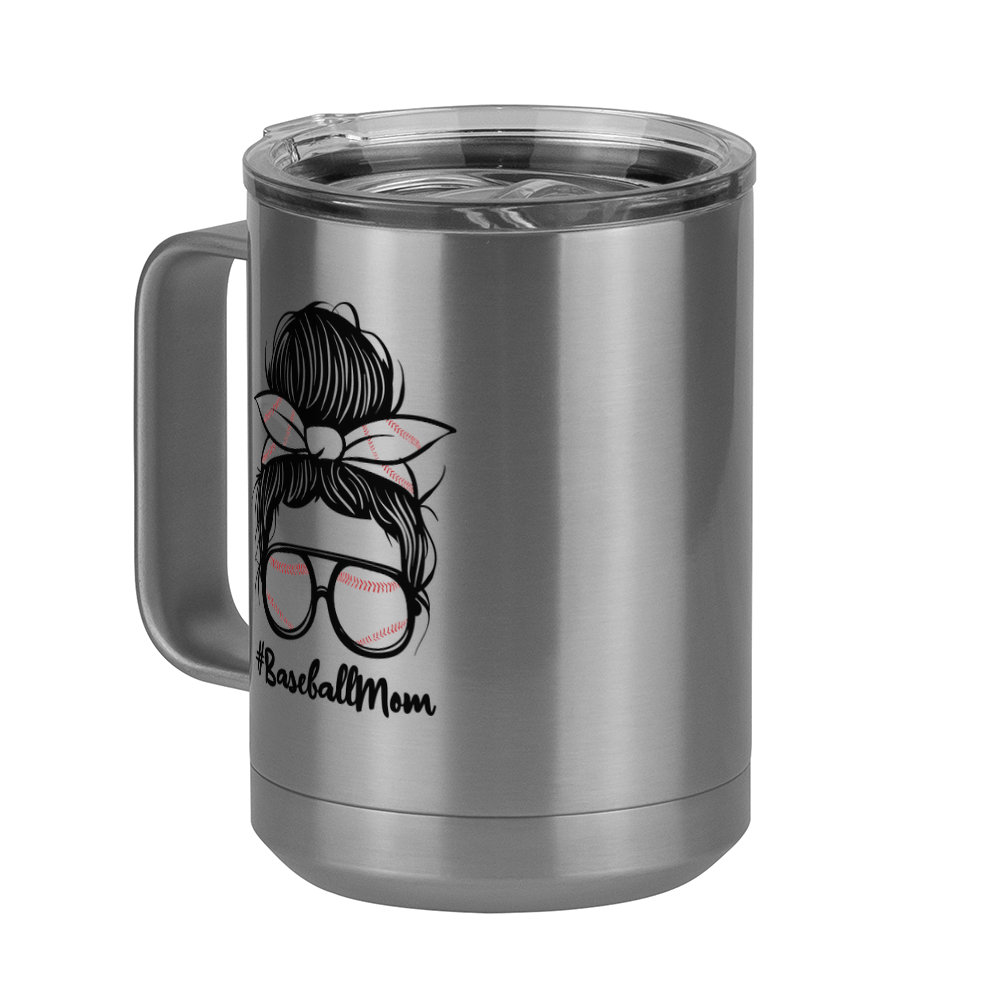 Personalized Messy Bun Coffee Mug Tumbler with Handle (15 oz) - Baseball Mom - Front Left View