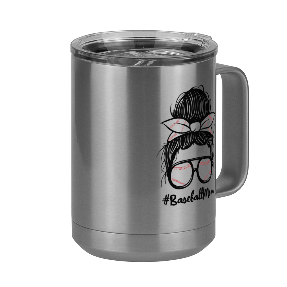 Personalized Messy Bun Coffee Mug Tumbler with Handle (15 oz) - Baseball Mom - Front Right View