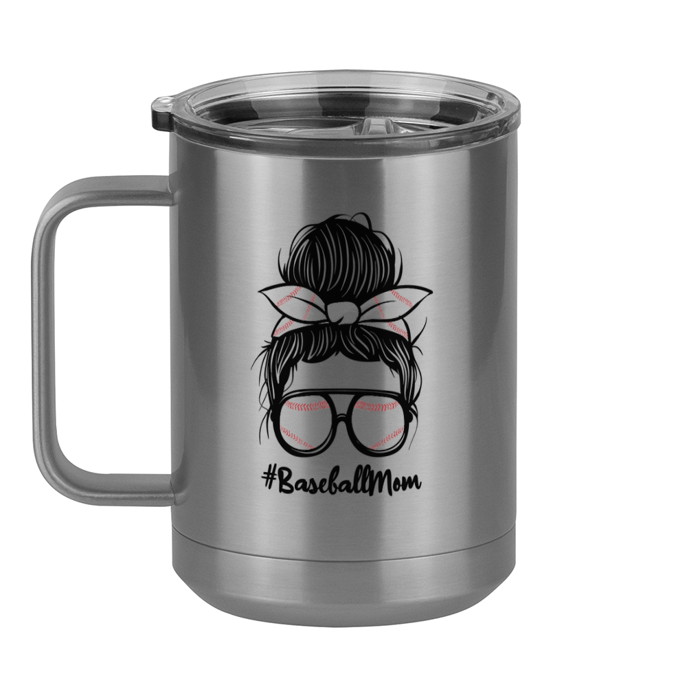 Personalized Messy Bun Coffee Mug Tumbler with Handle (15 oz) - Baseball Mom - Left View
