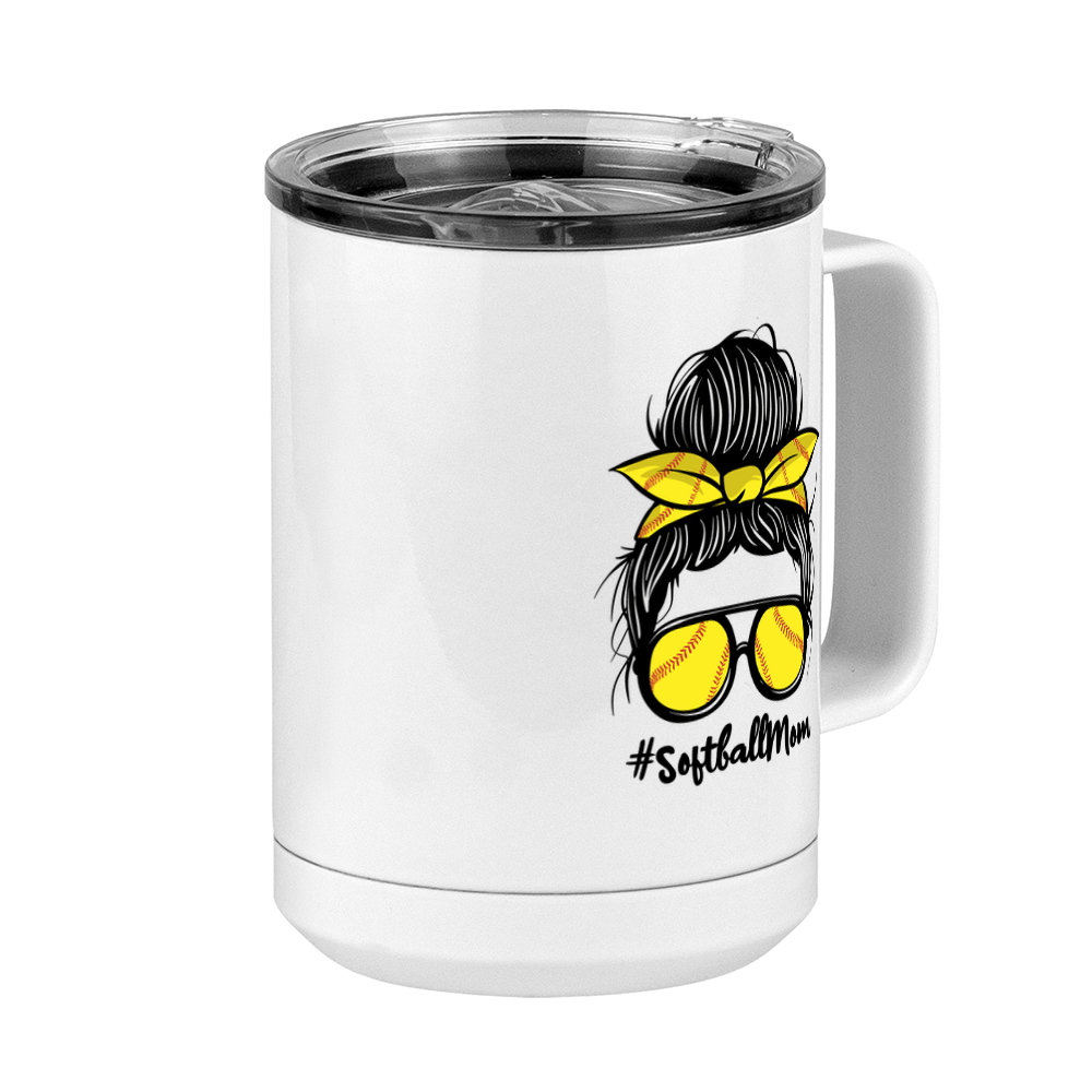 Personalized Messy Bun Coffee Mug Tumbler with Handle (15 oz) - Softball Mom - Front Right View