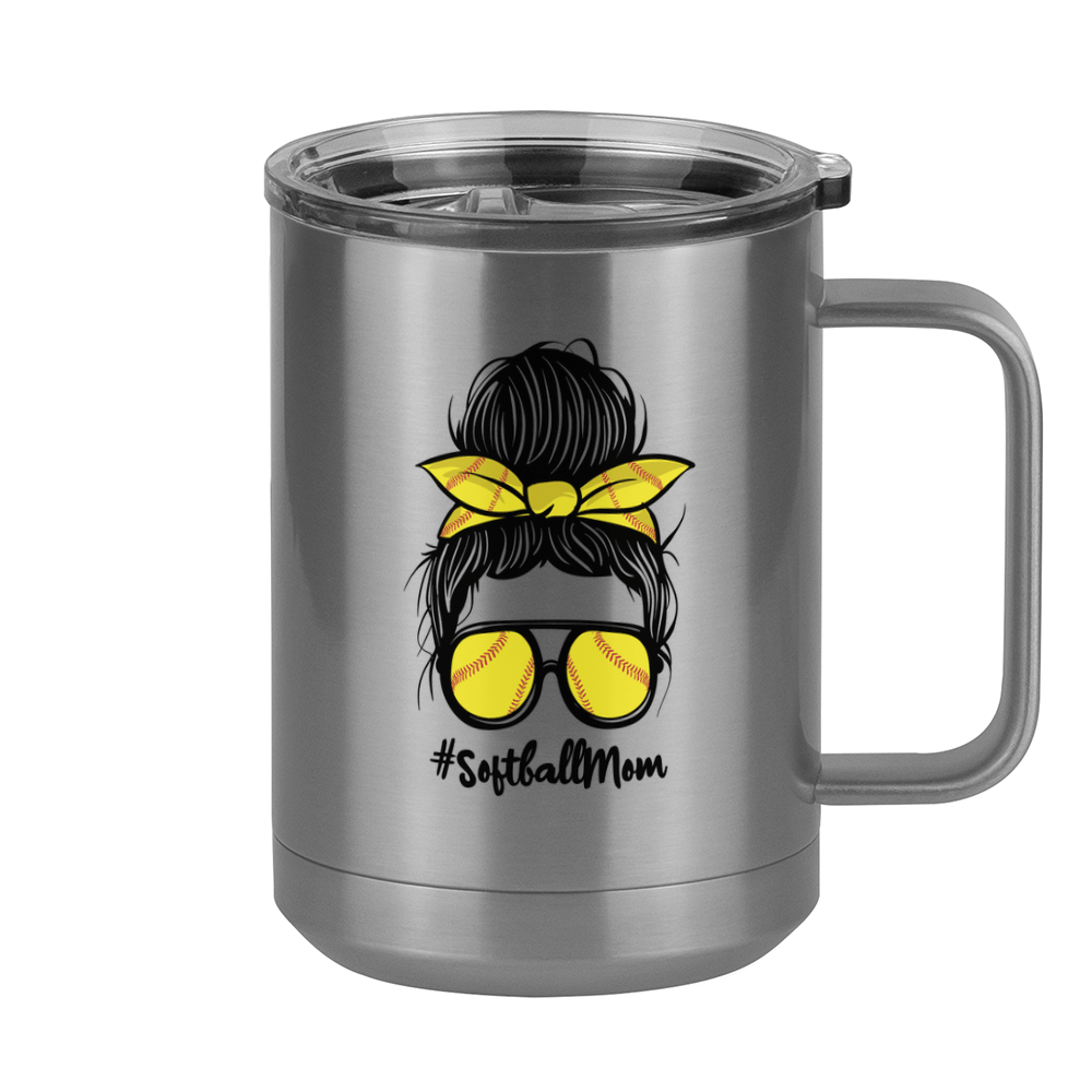 Personalized Messy Bun Coffee Mug Tumbler with Handle (15 oz) - Softball Mom - Right View