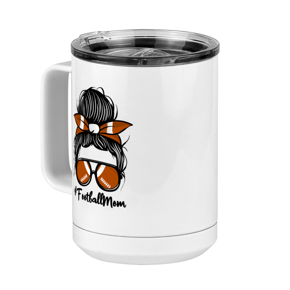 Personalized Messy Bun Coffee Mug Tumbler with Handle (15 oz) - Football Mom - Front Left View