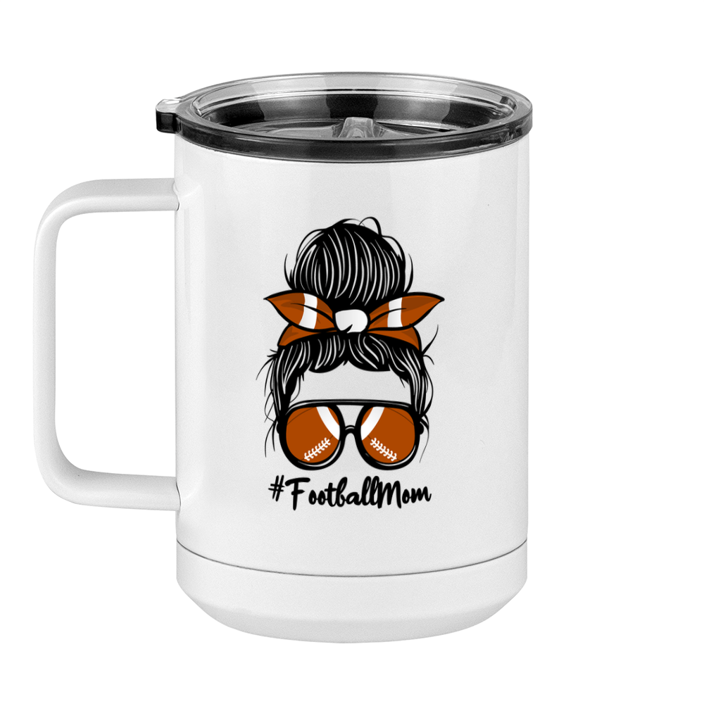 Personalized Messy Bun Coffee Mug Tumbler with Handle (15 oz) - Football Mom - Left View