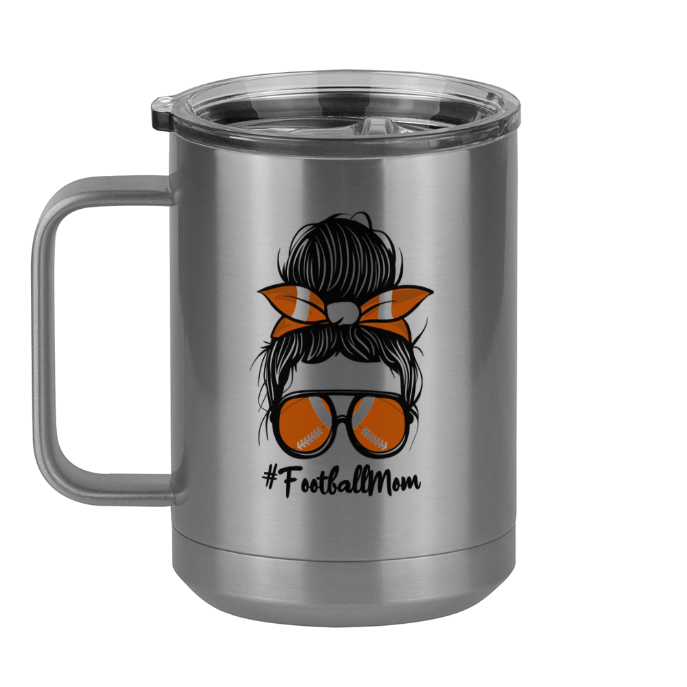 Personalized Messy Bun Coffee Mug Tumbler with Handle (15 oz) - Football Mom - Left View