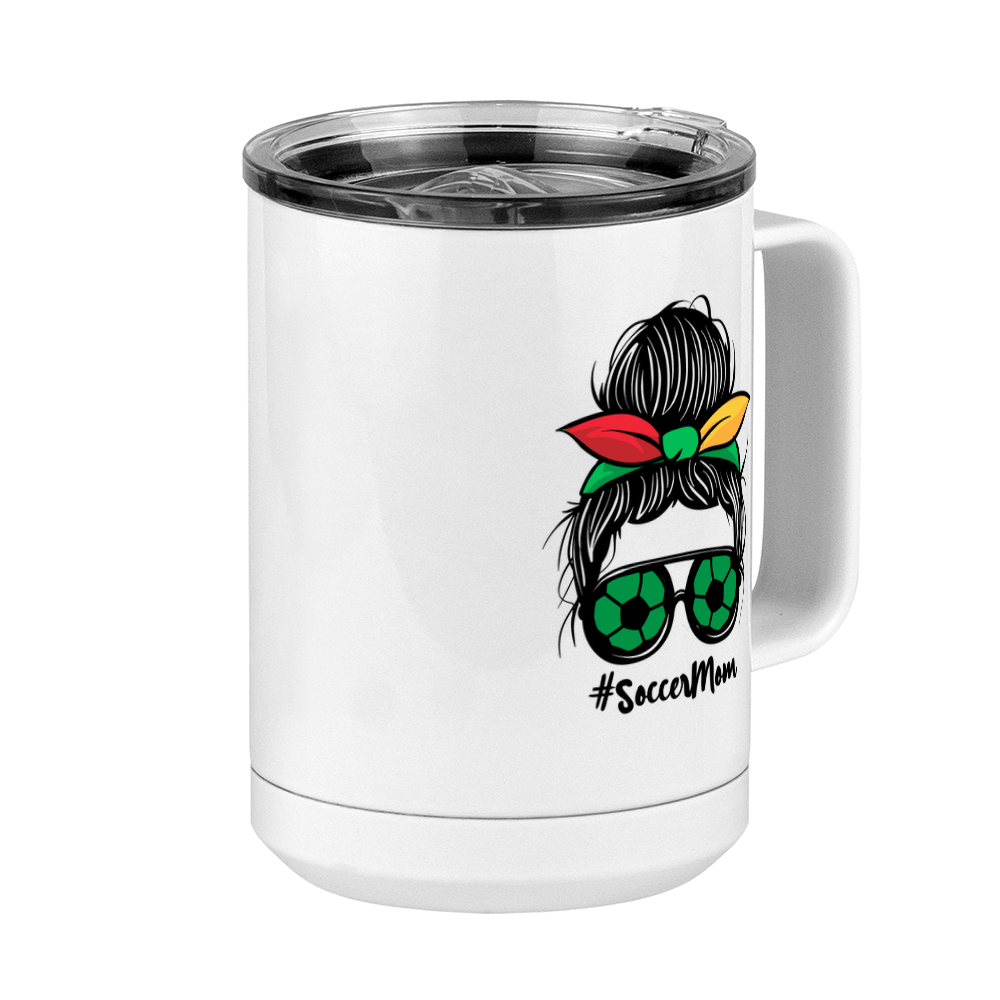 Personalized Messy Bun Coffee Mug Tumbler with Handle (15 oz) - Soccer Mom - Front Right View