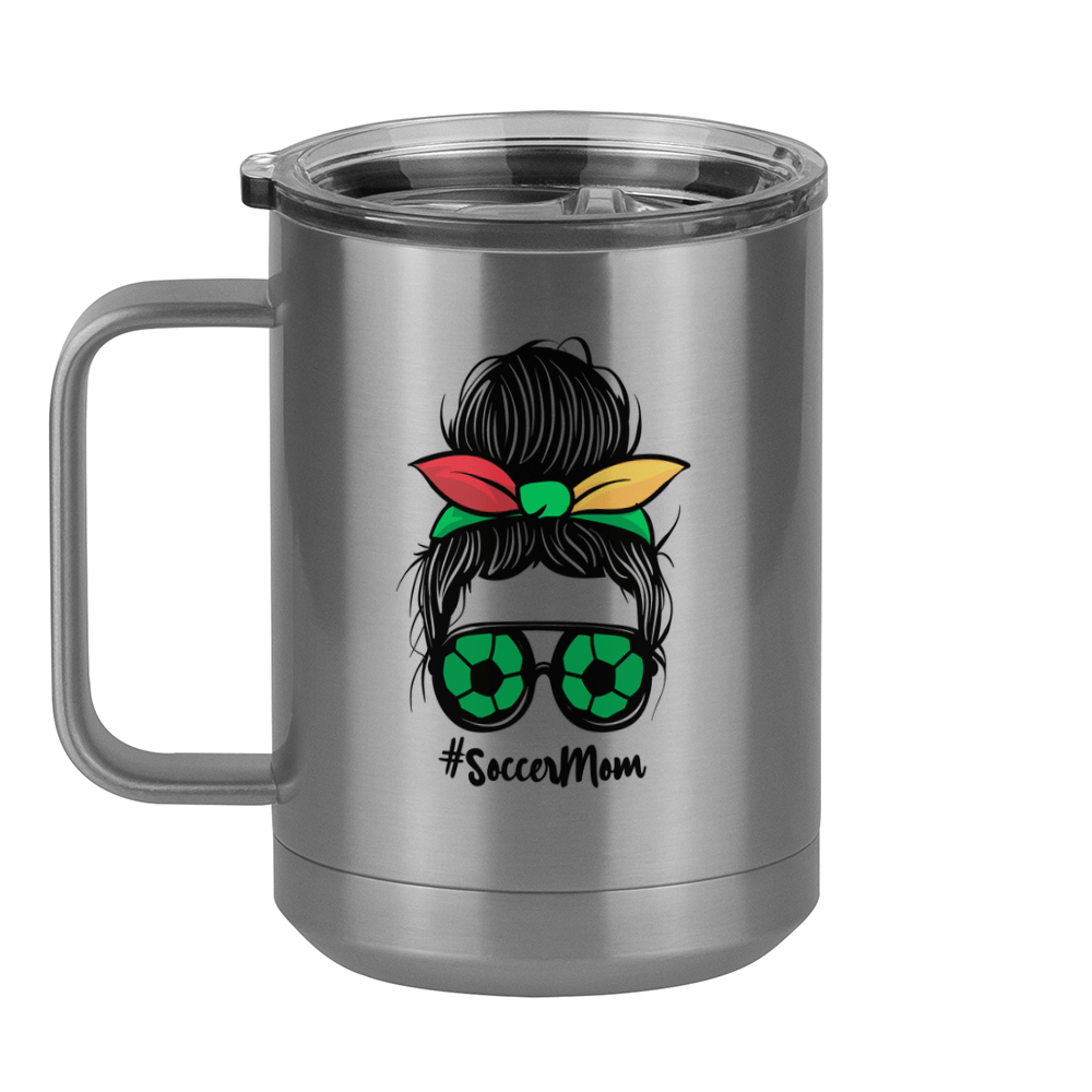 Personalized Messy Bun Coffee Mug Tumbler with Handle (15 oz) - Soccer Mom - Left View