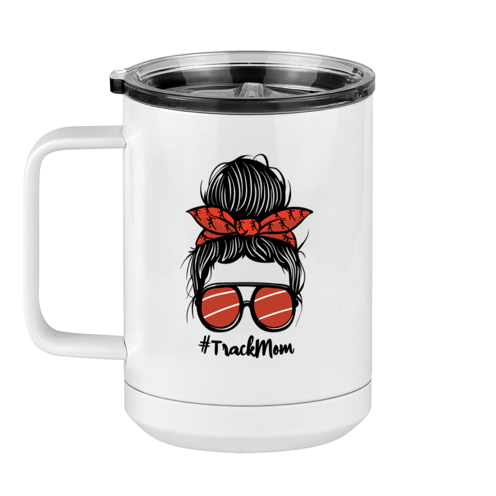 Personalized Messy Bun Coffee Mug Tumbler with Handle (15 oz) - Track Mom - Left View