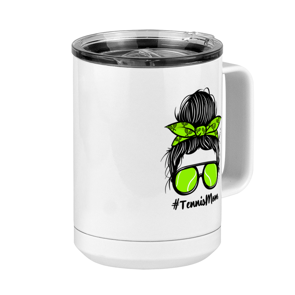 Personalized Messy Bun Coffee Mug Tumbler with Handle (15 oz) - Tennis Mom - Front Right View