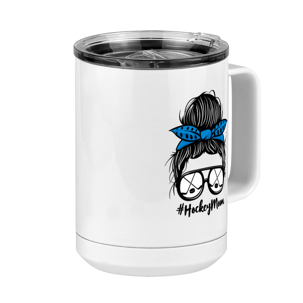 Personalized Messy Bun Coffee Mug Tumbler with Handle (15 oz) - Hockey Mom - Front Right View