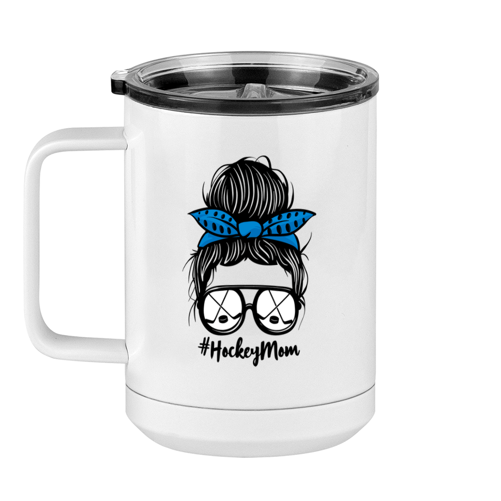 Personalized Messy Bun Coffee Mug Tumbler with Handle (15 oz) - Hockey Mom - Left View