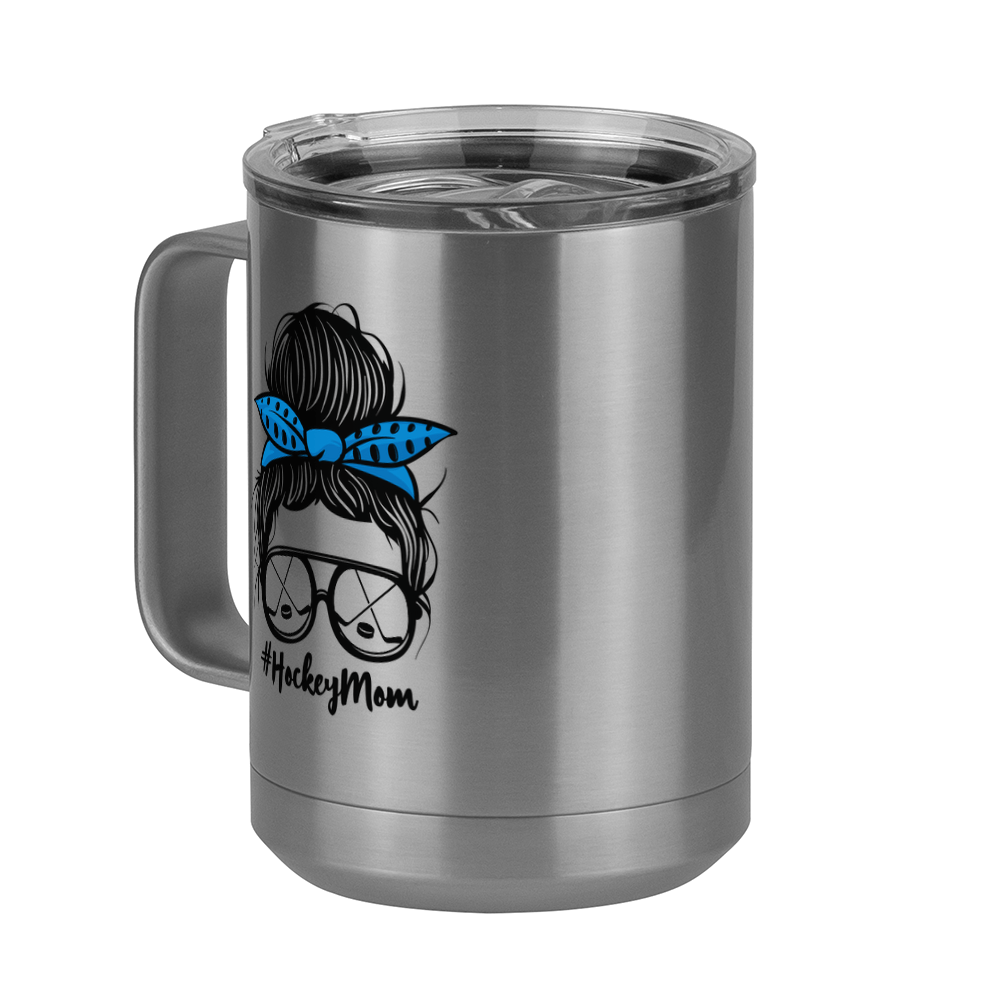 Personalized Messy Bun Coffee Mug Tumbler with Handle (15 oz) - Hockey Mom - Front Left View