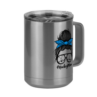 Thumbnail for Personalized Messy Bun Coffee Mug Tumbler with Handle (15 oz) - Hockey Mom - Front Right View