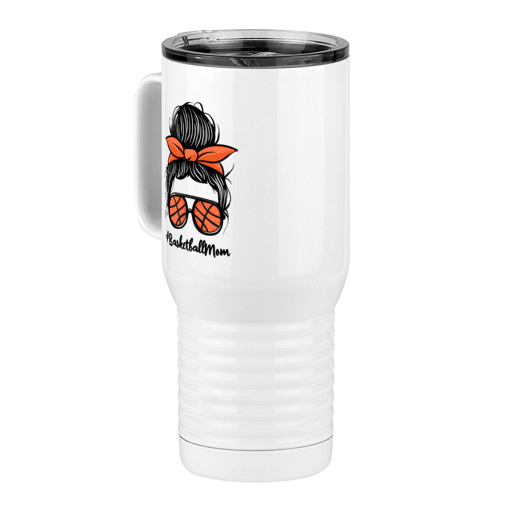 Personalized Messy Bun Travel Coffee Mug Tumbler with Handle (20 oz) - Basketball Mom - Front Left View