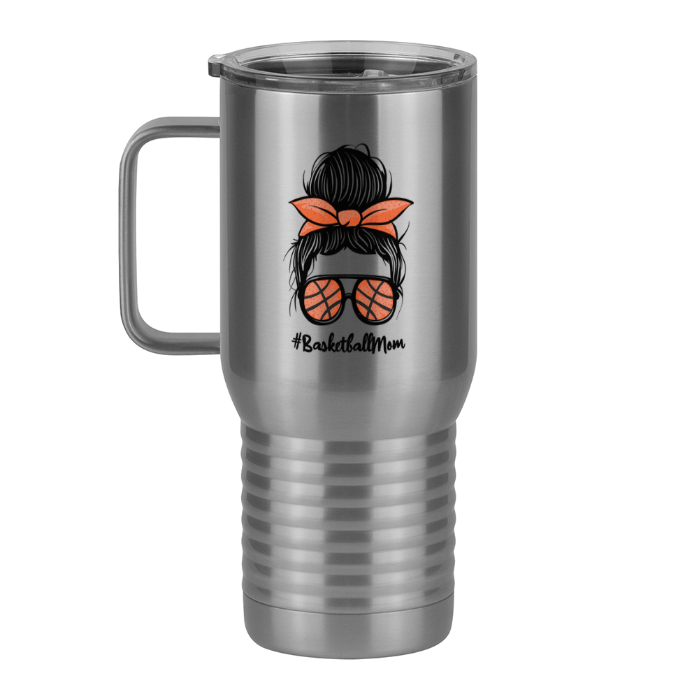 Personalized Messy Bun Travel Coffee Mug Tumbler with Handle (20 oz) - Basketball Mom - Left View