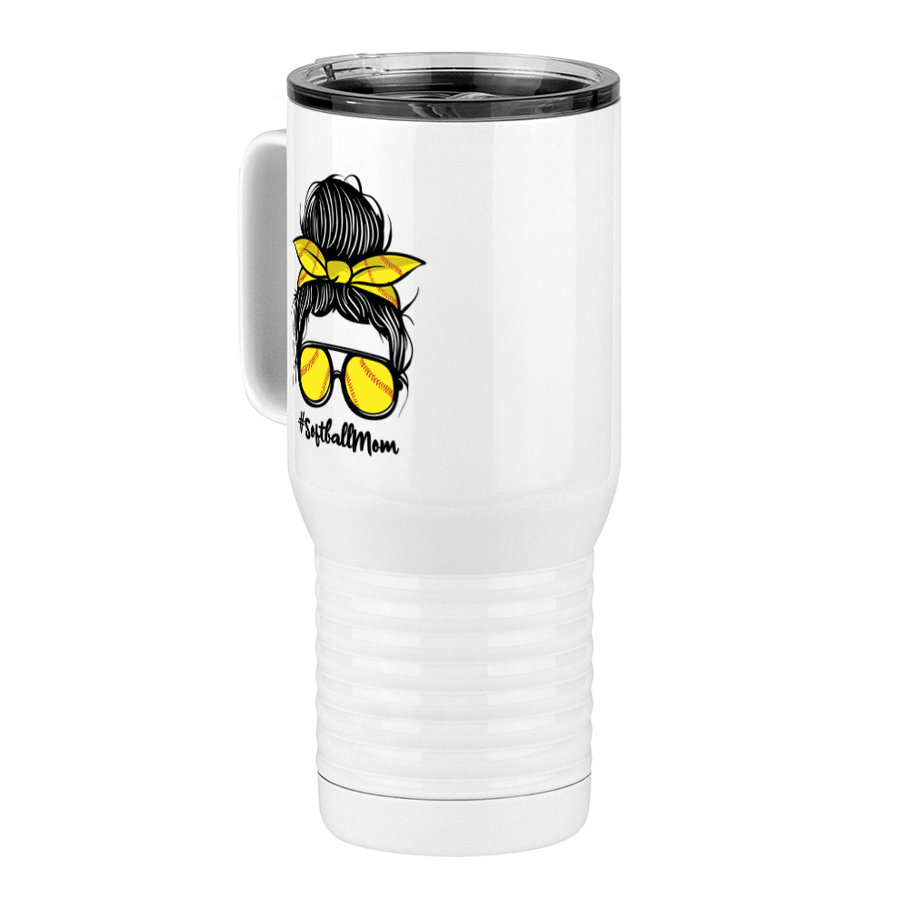 Personalized Messy Bun Travel Coffee Mug Tumbler with Handle (20 oz) - Softball Mom - Front Left View