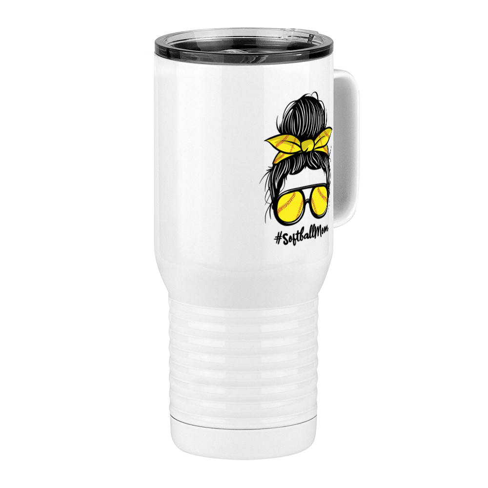 Personalized Messy Bun Travel Coffee Mug Tumbler with Handle (20 oz) - Softball Mom - Front Right View