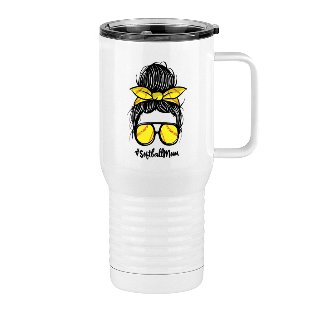 Personalized Messy Bun Travel Coffee Mug Tumbler with Handle (20 oz) - Softball Mom - Right View