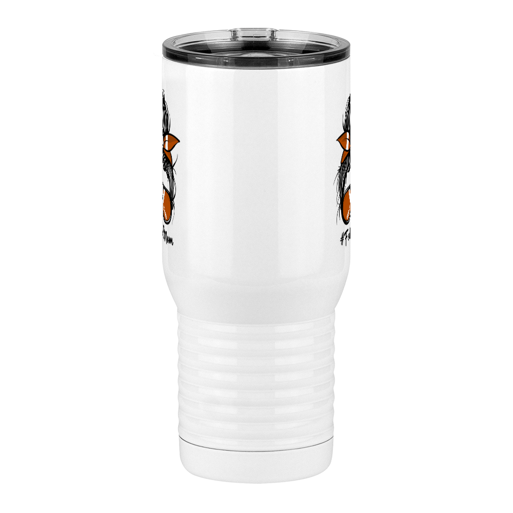 Personalized Messy Bun Travel Coffee Mug Tumbler with Handle (20 oz) - Football Mom - Front View