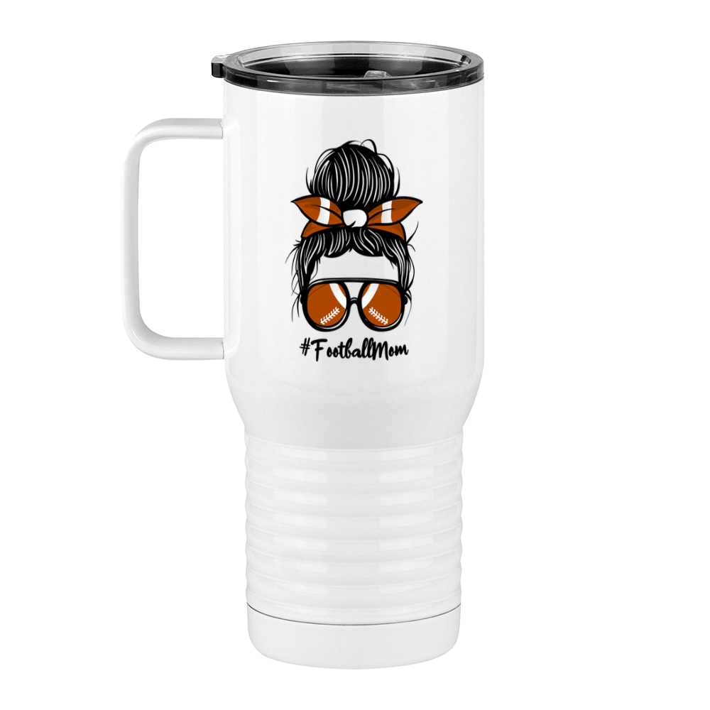 Personalized Messy Bun Travel Coffee Mug Tumbler with Handle (20 oz) - Football Mom - Left View