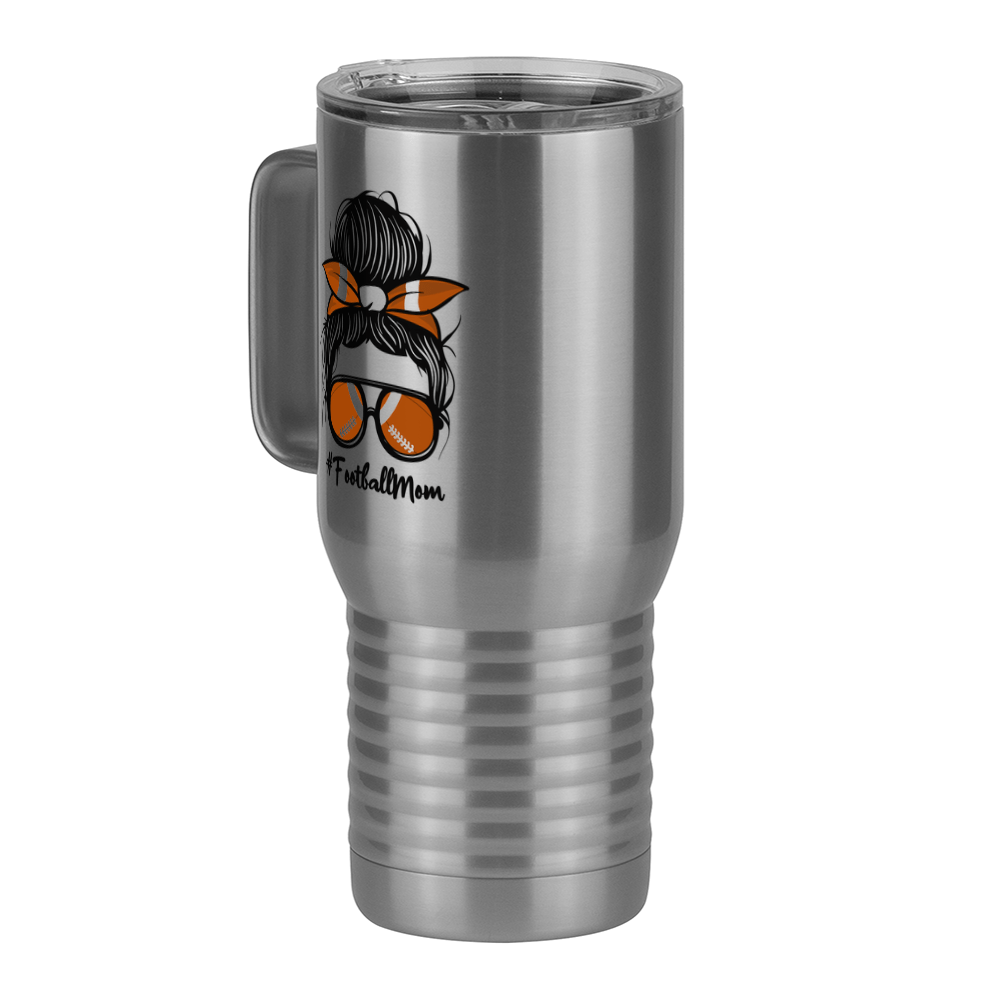 Personalized Messy Bun Travel Coffee Mug Tumbler with Handle (20 oz) - Football Mom - Front Left View