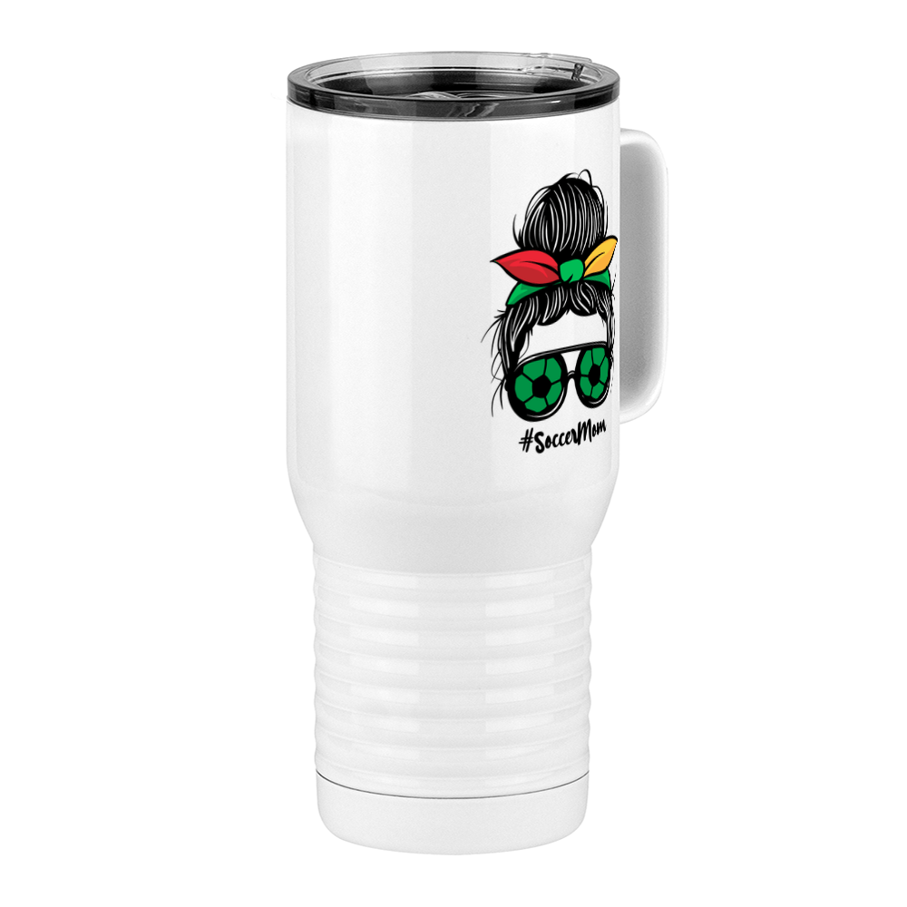Personalized Messy Bun Travel Coffee Mug Tumbler with Handle (20 oz) - Soccer Mom - Front Right View