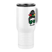Thumbnail for Personalized Messy Bun Travel Coffee Mug Tumbler with Handle (20 oz) - Soccer Mom - Front Right View