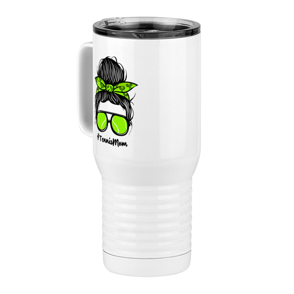 Personalized Messy Bun Travel Coffee Mug Tumbler with Handle (20 oz) - Tennis Mom - Front Left View