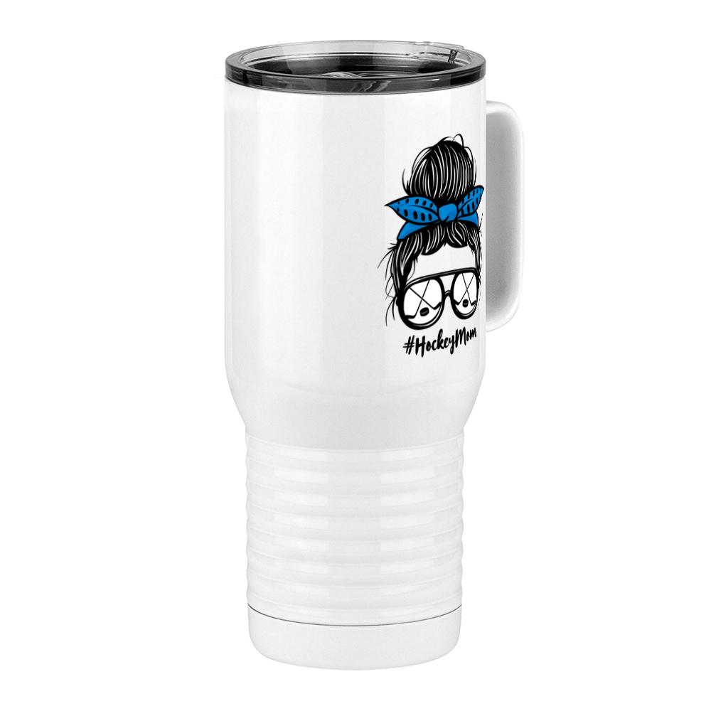 Personalized Messy Bun Travel Coffee Mug Tumbler with Handle (20 oz) - Hockey Mom - Front Right View
