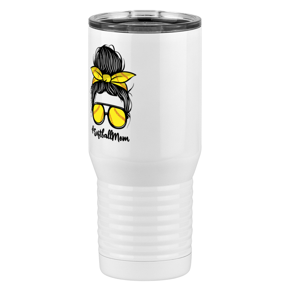 Personalized Messy Bun Tall Travel Tumbler (20 oz) - Softball Mom - Front Left View