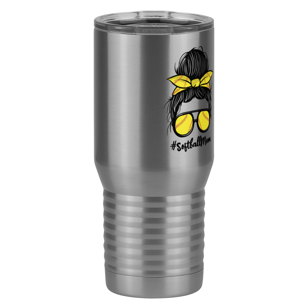 Personalized Messy Bun Tall Travel Tumbler (20 oz) - Softball Mom - Front Right View