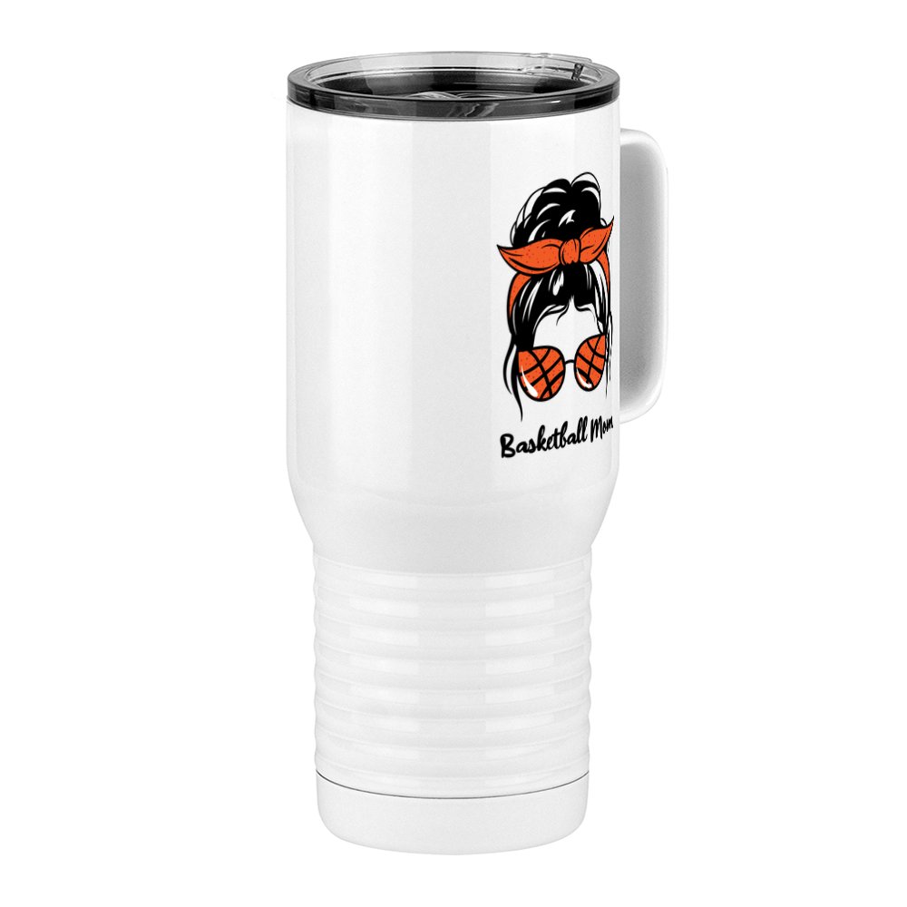 Personalized Messy Bun Travel Coffee Mug Tumbler with Handle (20 oz) - Basketball Mom - Front Right View