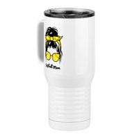 Thumbnail for Personalized Messy Bun Travel Coffee Mug Tumbler with Handle (20 oz) - Softball Mom - Front Left View