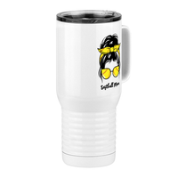Thumbnail for Personalized Messy Bun Travel Coffee Mug Tumbler with Handle (20 oz) - Softball Mom - Front Right View