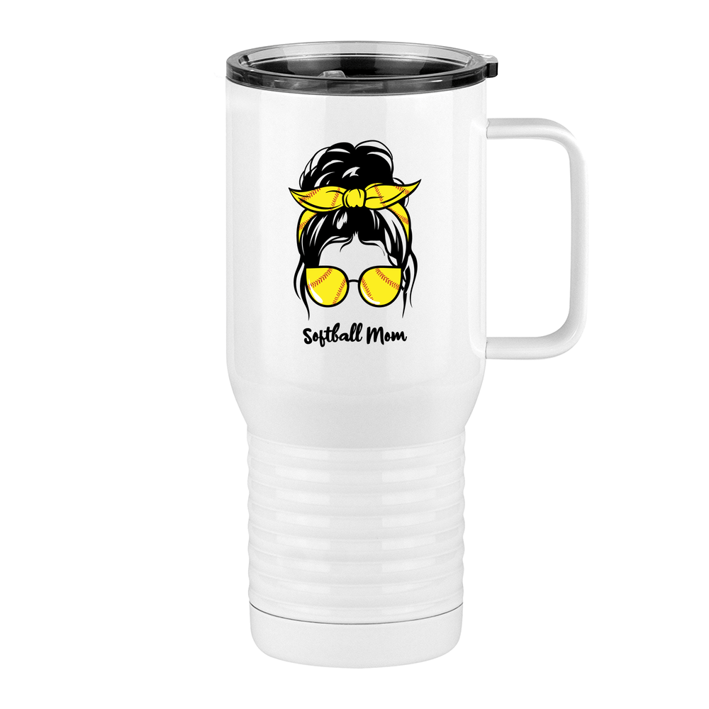 Personalized Messy Bun Travel Coffee Mug Tumbler with Handle (20 oz) - Softball Mom - Right View