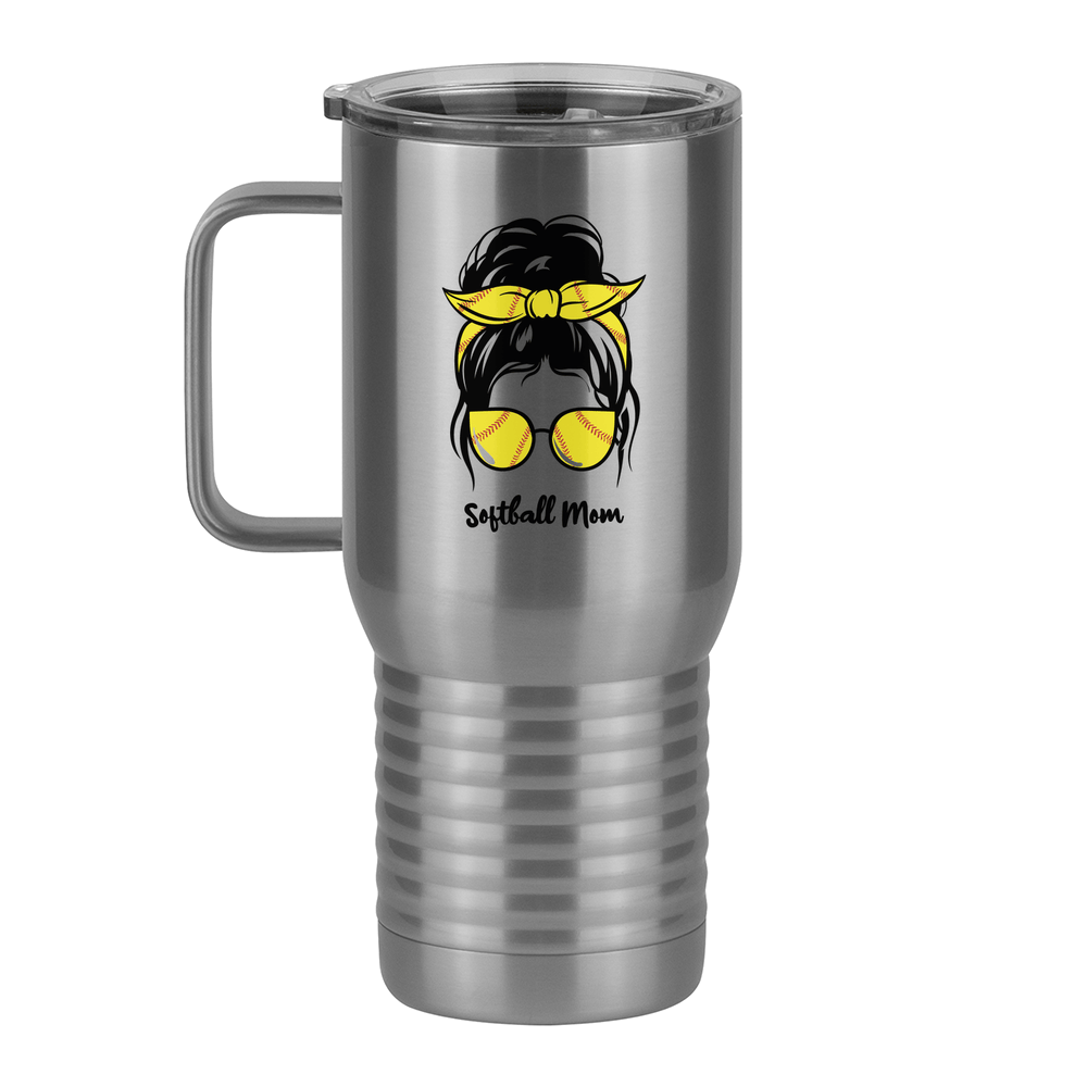 Personalized Messy Bun Travel Coffee Mug Tumbler with Handle (20 oz) - Softball Mom - Left View