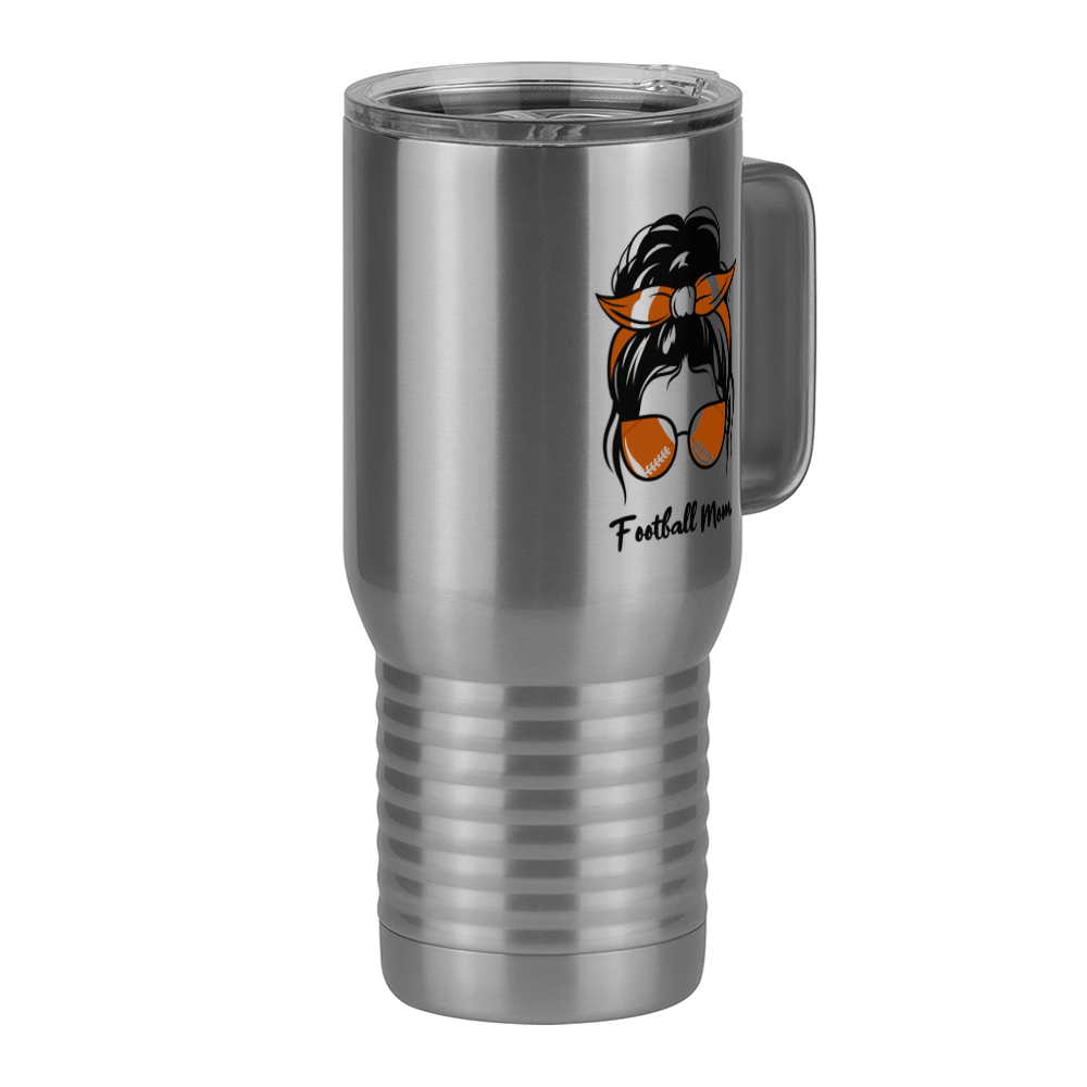 Personalized Messy Bun Travel Coffee Mug Tumbler with Handle (20 oz) - Football Mom - Front Right View
