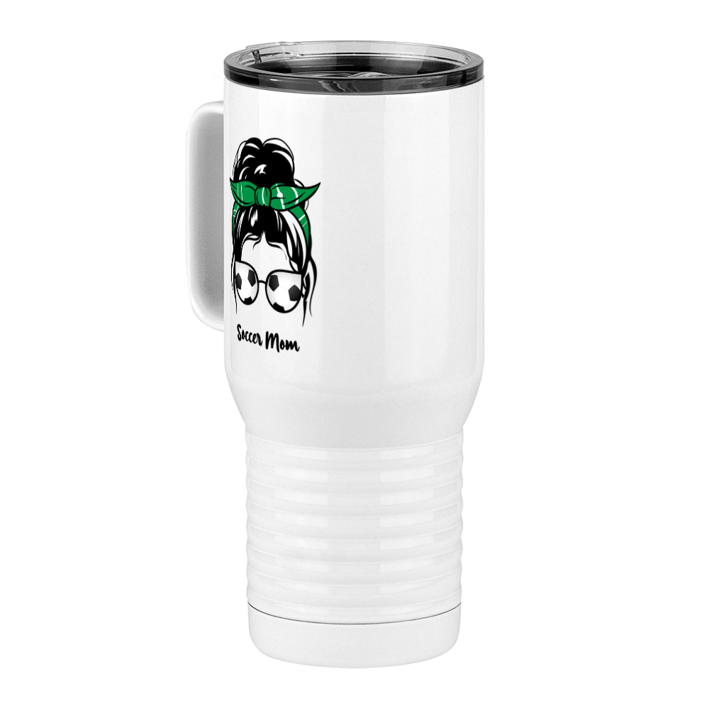 Personalized Messy Bun Travel Coffee Mug Tumbler with Handle (20 oz) - Soccer Mom - Front Left View