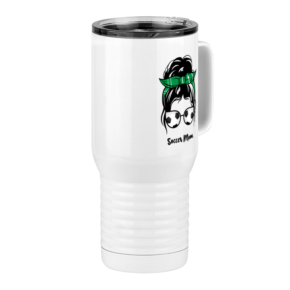 Personalized Messy Bun Travel Coffee Mug Tumbler with Handle (20 oz) - Soccer Mom - Front Right View