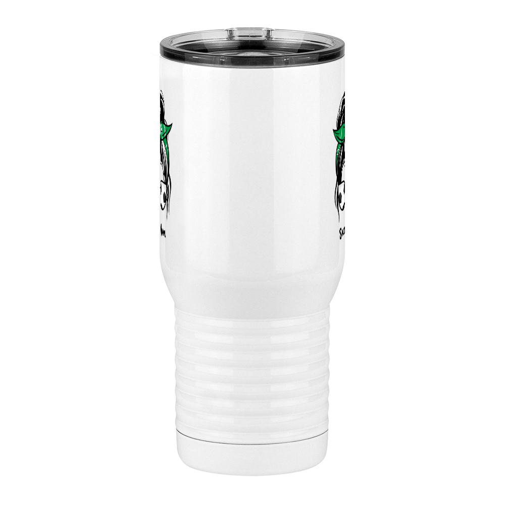 Personalized Messy Bun Travel Coffee Mug Tumbler with Handle (20 oz) - Soccer Mom - Front View