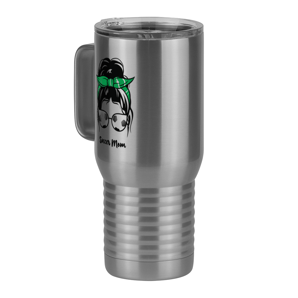 Personalized Messy Bun Travel Coffee Mug Tumbler with Handle (20 oz) - Soccer Mom - Front Left View