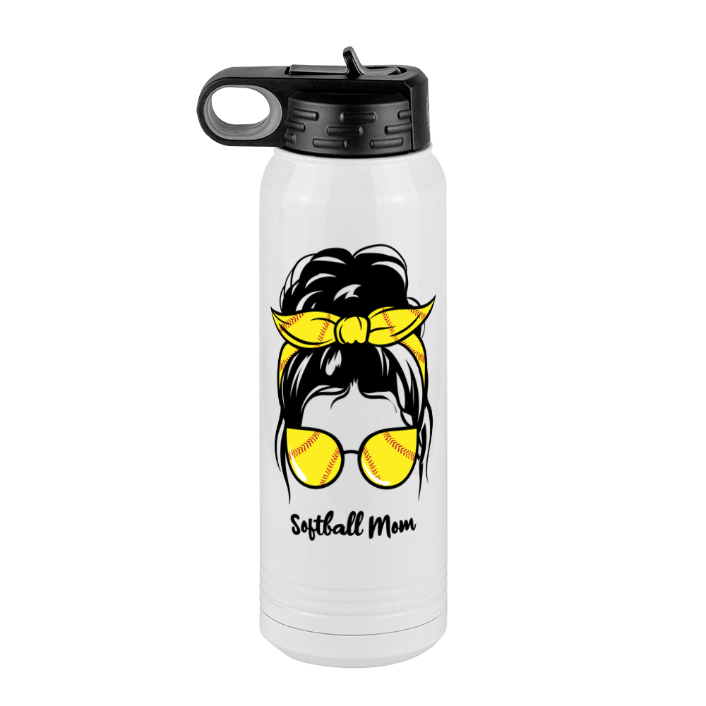 Personalized Messy Bun Water Bottle (30 oz) - Softball Mom - Front View
