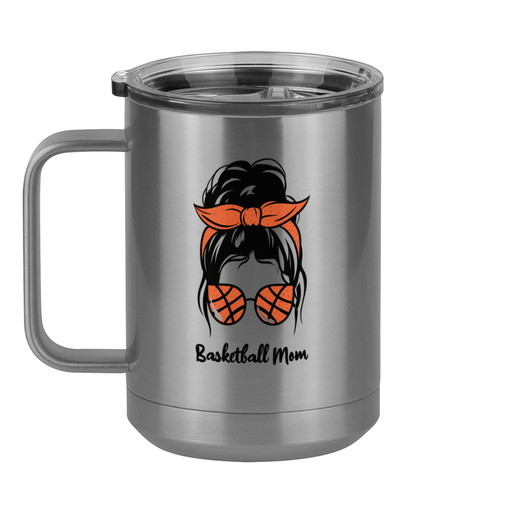 Personalized Messy Bun Coffee Mug Tumbler with Handle (15 oz) - Basketball Mom - Left View