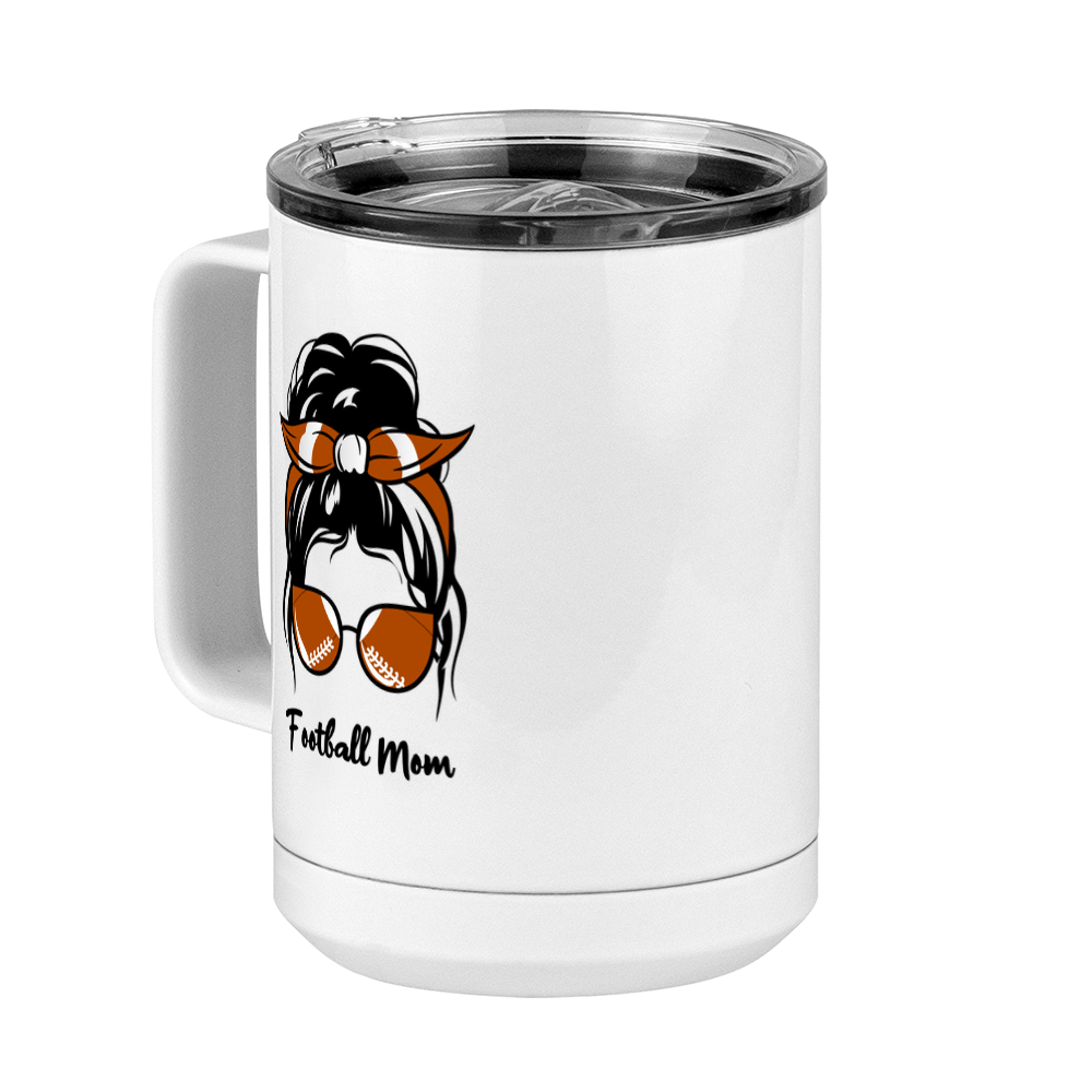 Personalized Messy Bun Coffee Mug Tumbler with Handle (15 oz) - Football Mom - Front Left View