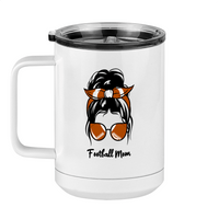 Thumbnail for Personalized Messy Bun Coffee Mug Tumbler with Handle (15 oz) - Football Mom - Left View