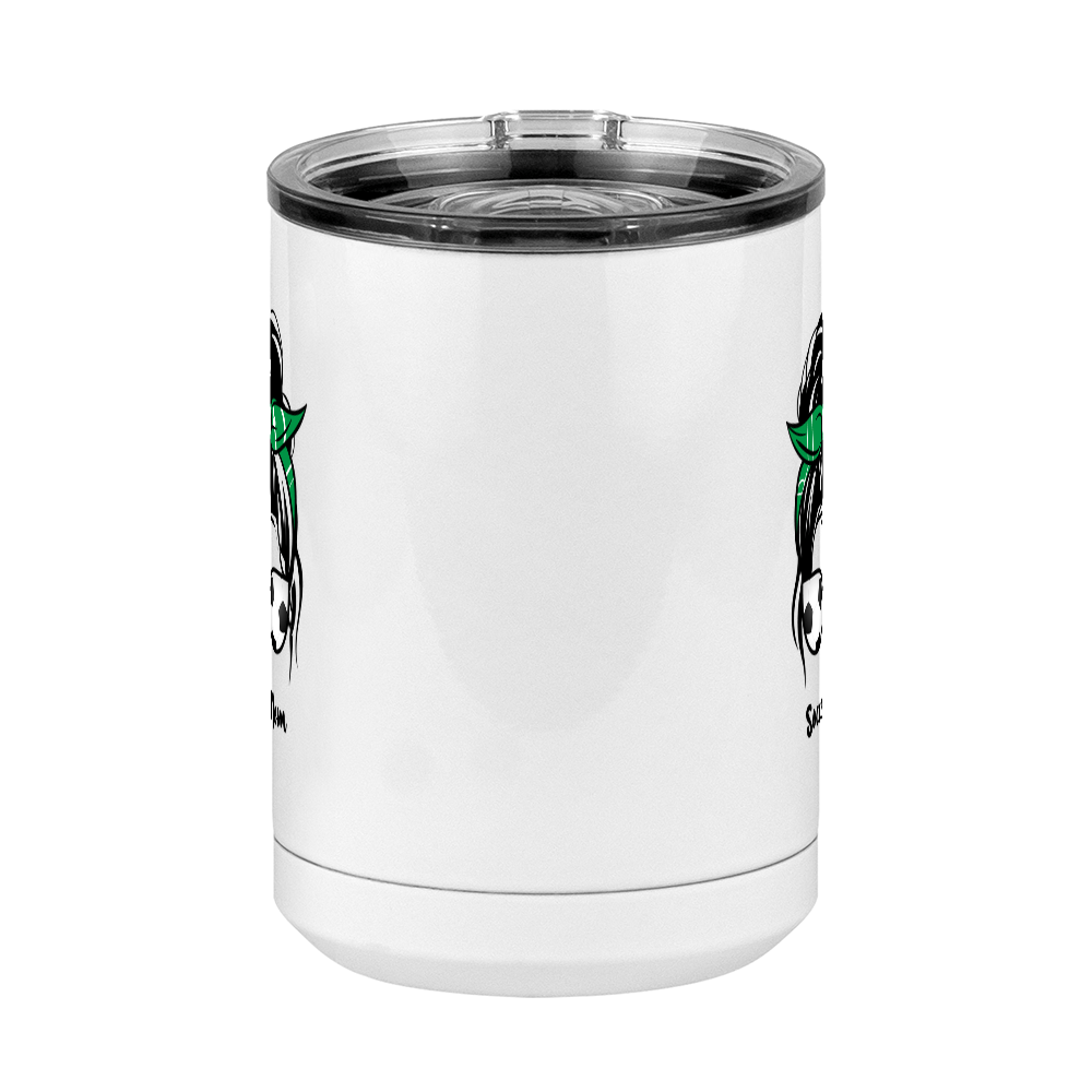 Personalized Messy Bun Coffee Mug Tumbler with Handle (15 oz) - Soccer Mom - Front View