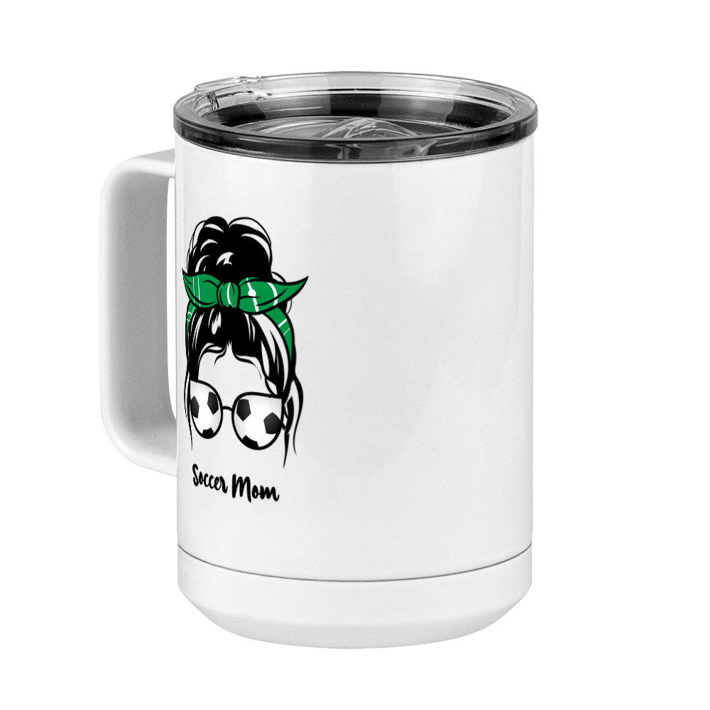 Personalized Messy Bun Coffee Mug Tumbler with Handle (15 oz) - Soccer Mom - Front Left View