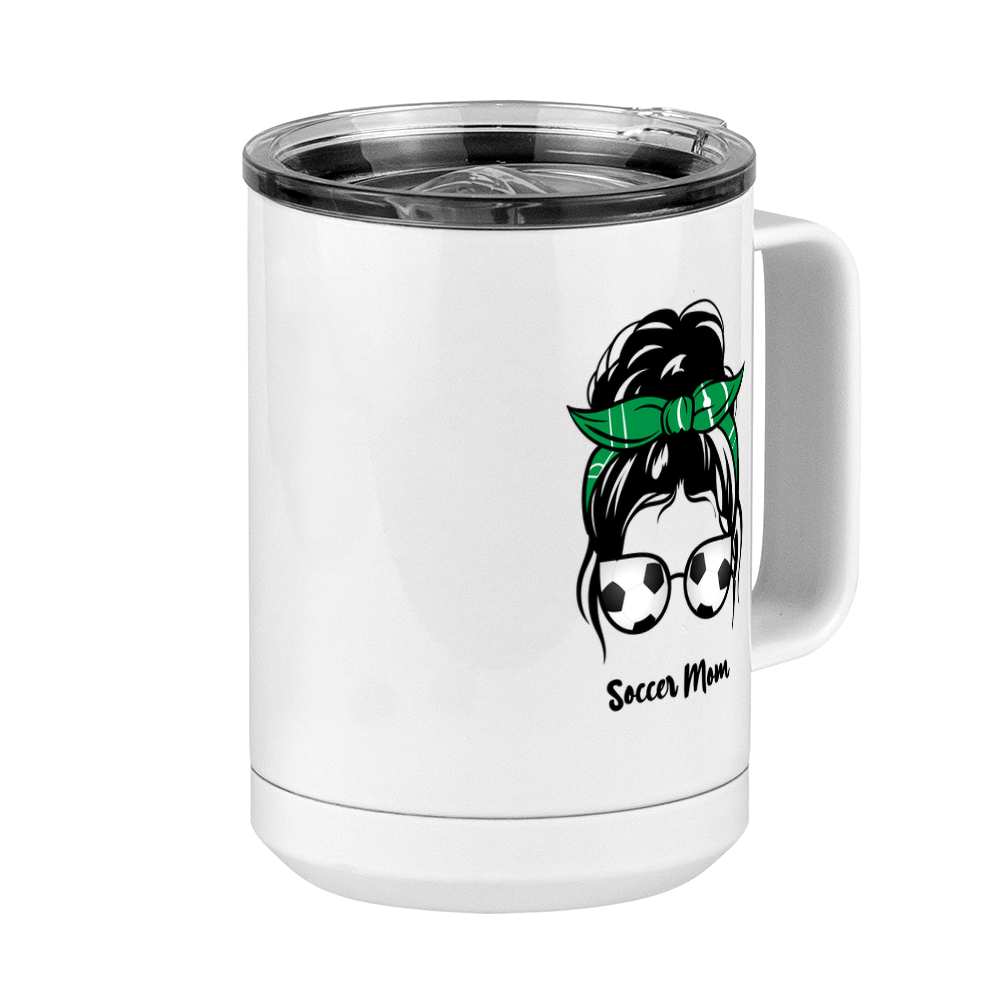 Personalized Messy Bun Coffee Mug Tumbler with Handle (15 oz) - Soccer Mom - Front Right View