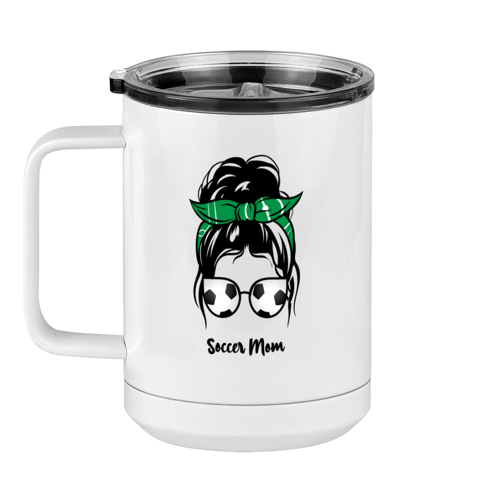 Personalized Messy Bun Coffee Mug Tumbler with Handle (15 oz) - Soccer Mom - Left View