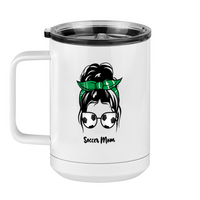 Thumbnail for Personalized Messy Bun Coffee Mug Tumbler with Handle (15 oz) - Soccer Mom - Left View