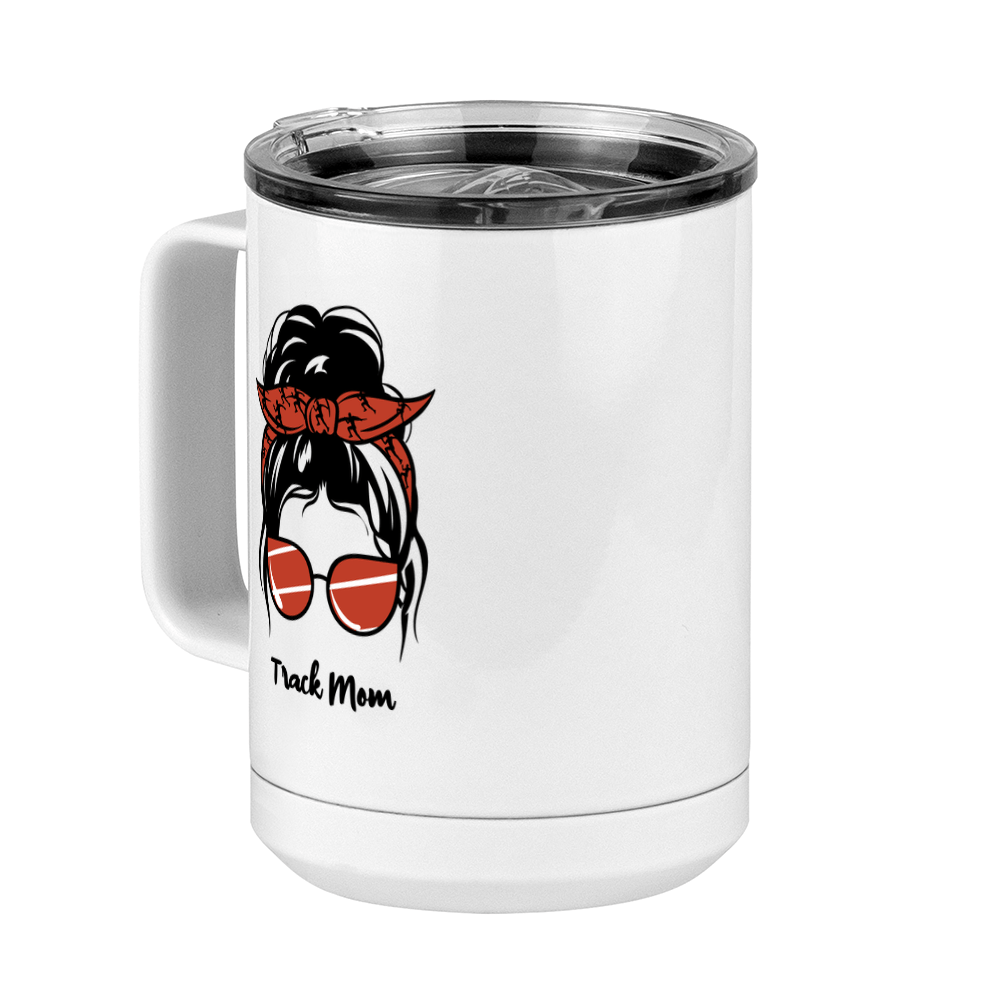 Personalized Messy Bun Coffee Mug Tumbler with Handle (15 oz) - Track Mom - Front Left View
